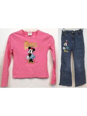 2pc Disney Minnie Mouse Outfit girls sz 12 Pink Shirt Denim Jeans Rhinestones